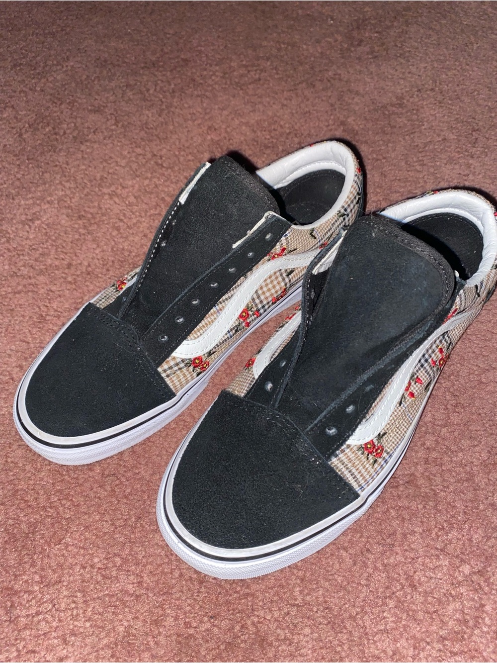 Vans Black Plaid Slip-On Sneakers with Red Floral Detail